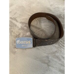 Guess Belt Womens 30 Brown 1981 Blue Plaque Buckle Leather Y2K Distressed Grunge